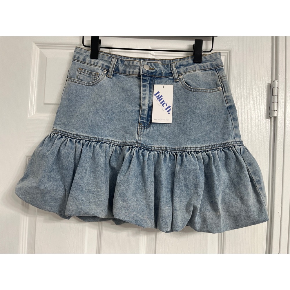 Blue B. Collection Light Wash Denim Bubble Hem Ruffle Mini Skirt Y2K Coquette L